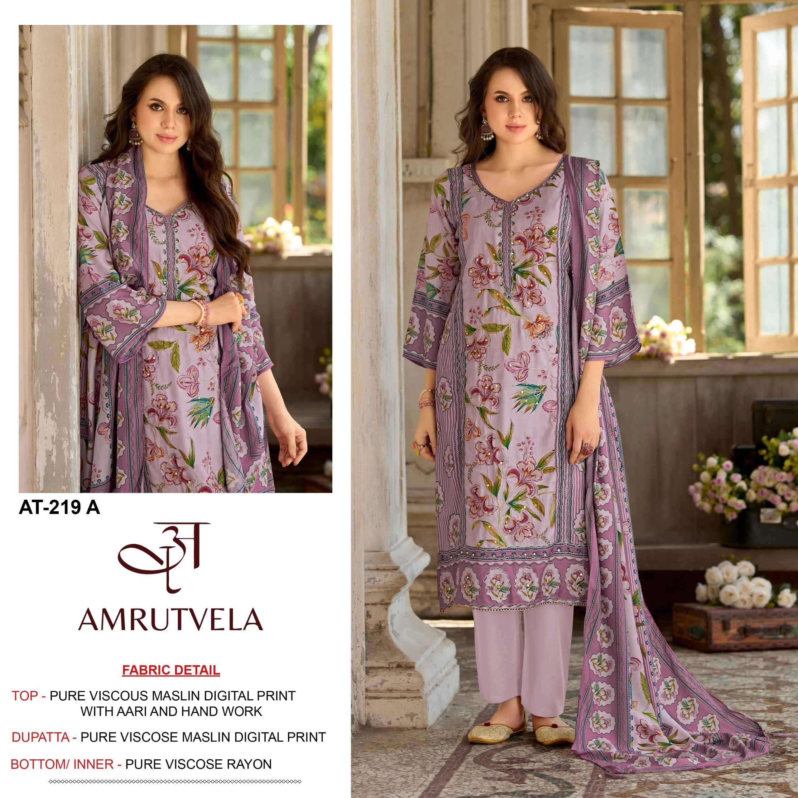 AT219 By AMRUTVELA  Pakistani Stylish Beautiful Colourful Printed & Embroidered Party Wear & Occasional Wear Pure viscous Maslin Dresses At Wholesale Price